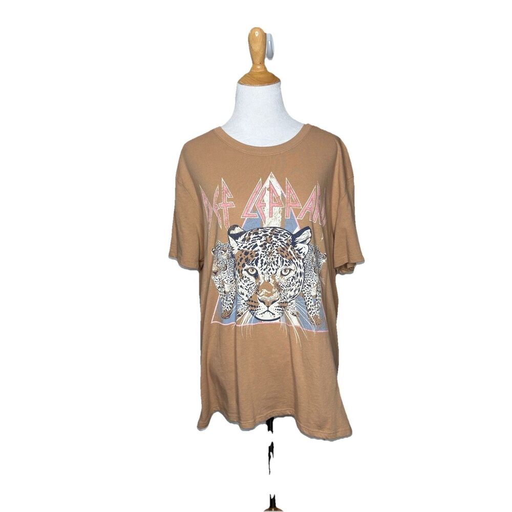 Def Leppard Brown Rock Metal Band Crew Neck T shirt Tee Size Large 12-14 Womens
